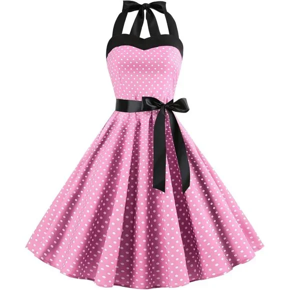 Vintage 50s Rockabilly Swing Dress Polka Dots Floral Halter A-Line - Picture 1 of 6